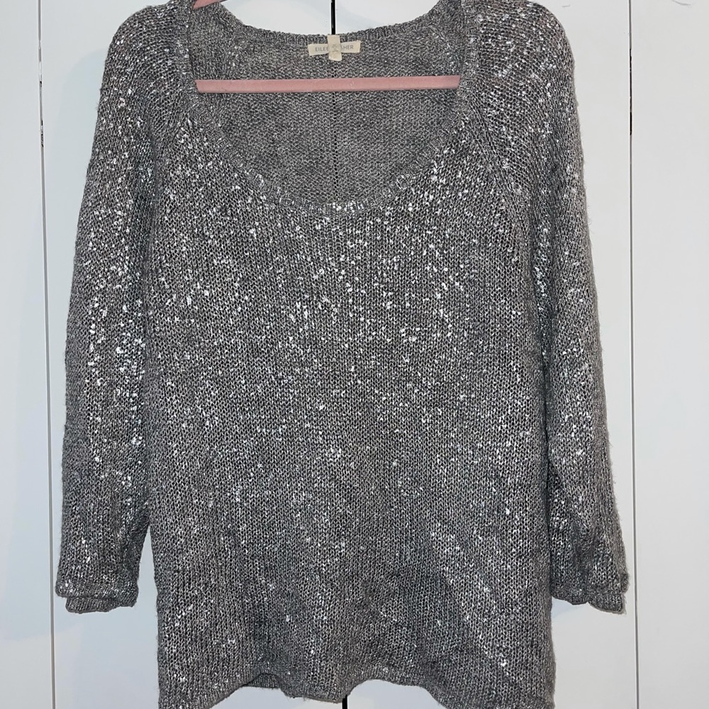 Eileen Fisher. Shiny silver light sweater. Scoop neck.